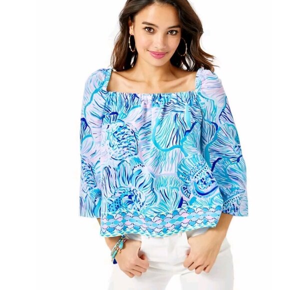 Lilly Pulitzer Lizzie Top Bermuda Blue Fishful Thinking Blue Lilac Size S - Picture 1 of 9
